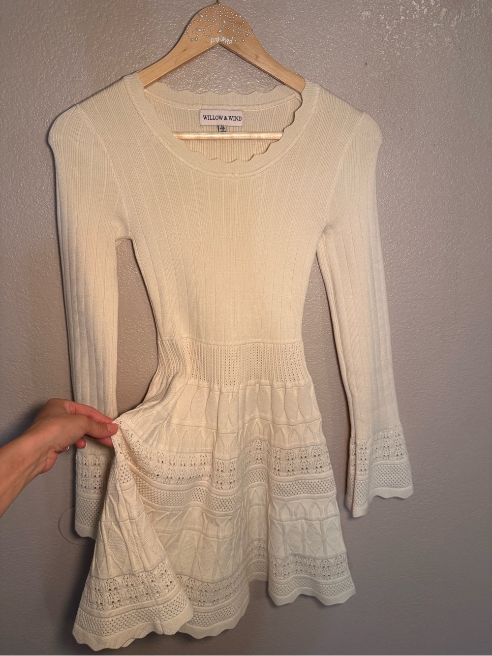 Cream Long-Sleeve Knit Fit-and-Flare Dress